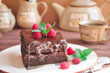 Chocolate cake Brownie with raspberries