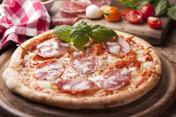 pizza with salami sausage and cheese