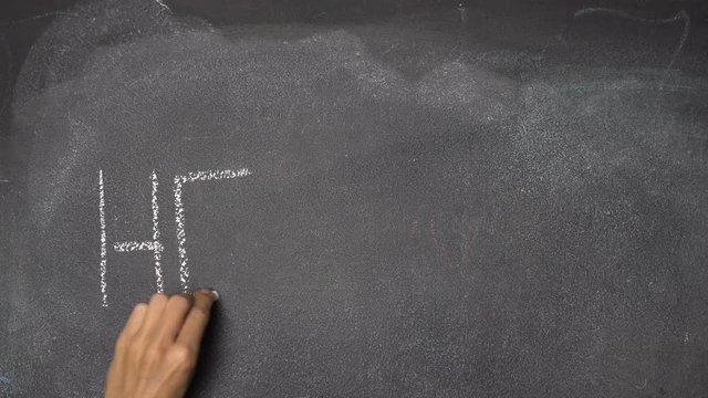 Woman's hand writing "HELLO" with white chalk on blackboard
