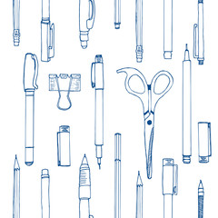 SEAMLESS PATTERN of hand drawn stationery in cartoon style. Sketch of writing items. Doodle writing supplies, pen, pencil, scissors. Cool elements for infographic, web design, background. School