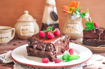 Chocolate cake Brownie with raspberries
