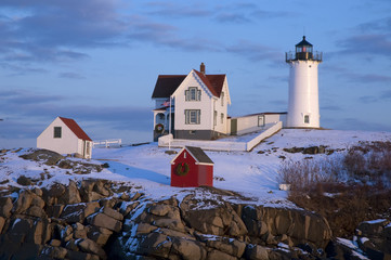 Snow Covered Lighthouse In Maine During Holidays