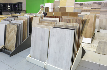 Assortment of parquet samples in shop