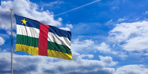Central African Republic flag on a blue sky background. 3d illustration