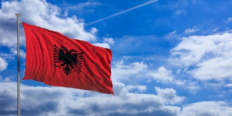 Albania flag on a blue sky background. 3d illustration