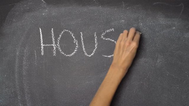 Woman's hand writing "HOUSE RULES" with white chalk on blackboard