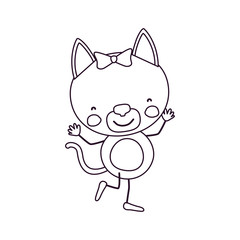 sketch contour caricature of cute expression female cat in dance pose with bow lace vector illustration