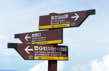 Trail sign marker on Mount Fuji Japan