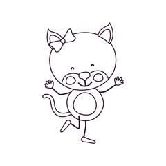 sketch contour caricature of cute expression female kitten in dance pose with bow lace vector illustration