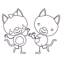 sketch contour caricature with couple of kittens dancing vector illustration