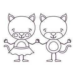sketch contour caricature with couple of cats holding hands vector illustration