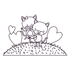 sketch contour scene sky landscape and grass with caricature couple of cats one carrying the other vector illustration