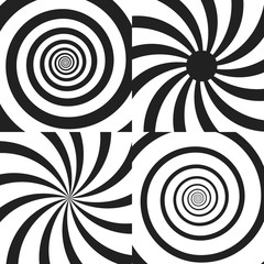 Set of Psychedelic spiral with radial rays, twirl, twisted comic effect, vortex backgrounds. Vector illustration. Design elements.