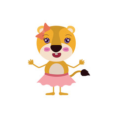 colorful caricature of cute expression lioness in skirt with bow lace vector illustration