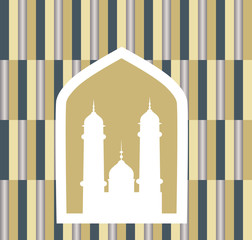 vector design illustration greeting card or cover, of Islamic mosque with islamic ornaments and Ramadan Kareem label.