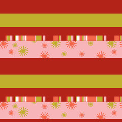 seamless pattern of colored stripes and stylized snowflakes.