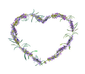 Lavender flowers. Watercolor floral heart frame