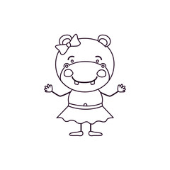 sketch contour caricature of cute expression female hippo in skirt with bow lace vector illustration