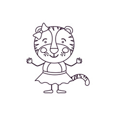 sketch contour caricature of cute expression female tigress in skirt with bow lace vector illustration