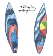 Watercolor surfing boards set. Hand painted design desk for water sport isolated on white background. Vacation illustration. For design, print or background.