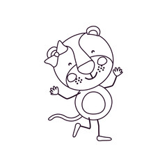 sketch contour caricature of cute expression female lioness in dance pose with bow lace vector illustration