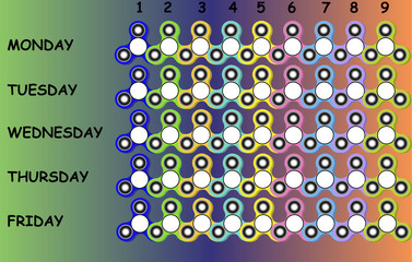School timetable with colorful fidget spinners for kids and teenagers, vector time sheet.