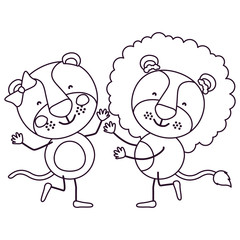 sketch contour caricature with couple of lioness and lion dancing vector illustration