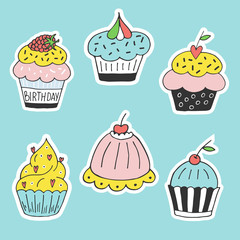 Collection of colorful cartoon hand drawn cupcake. Isolated vector illustration in patch style.