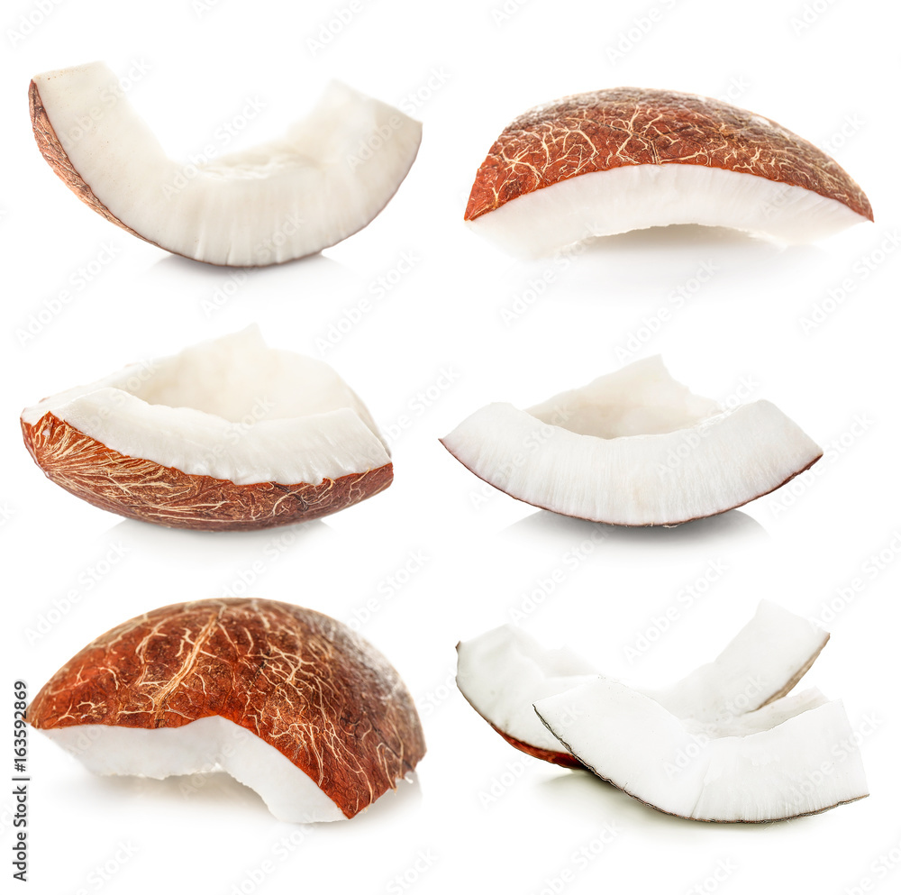 Poster Set of coconut pieces on white background