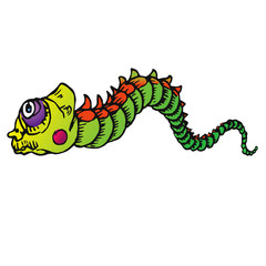 Funny green caterpillar with red cheek crawling, hand drawn doodle color sketch in pop art style, vector illustration