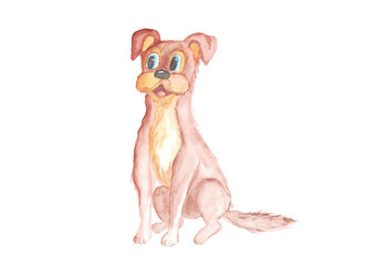 Drawing watercolor. Isolated single object. The dog is sitting. Symbol of the New Year 2018. Cheerful dog sits. Illustration
