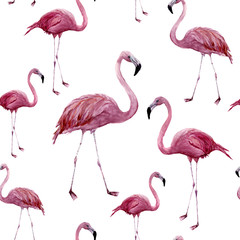 Obraz premium Watercolor flamingo seamless pattern. Exotic wading bird ornament isolated on white background. Tropical natural illustration. For design, prints or background