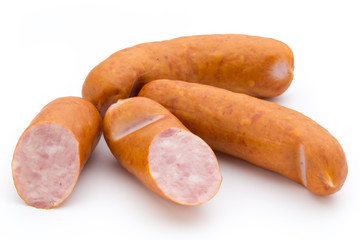Sausage and spices isolated on white background, fresh delicious frankfurter.