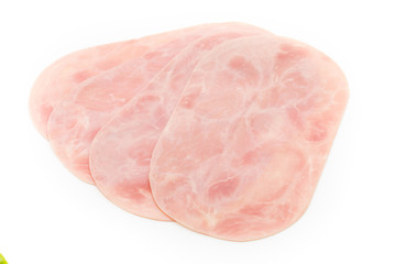 Thin slices of ham on white background.