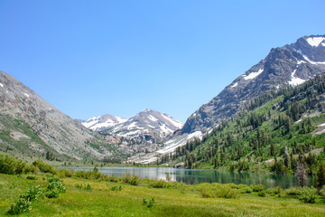Glacier Mountain with Lake in the Summer with green