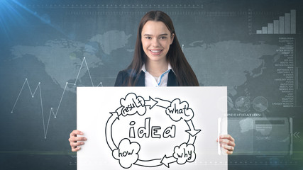 Creative ideas concept, businesswoman standing on studio painted background holding paper with organizational chart.