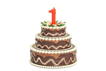 Chocolate Birthday cake with candle number 1, 3D rendering