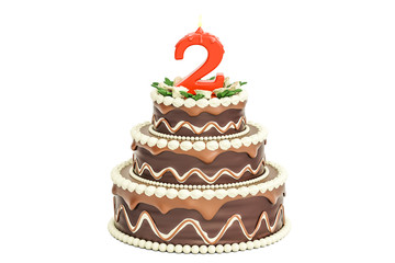 Chocolate Birthday cake with candle number 2, 3D rendering