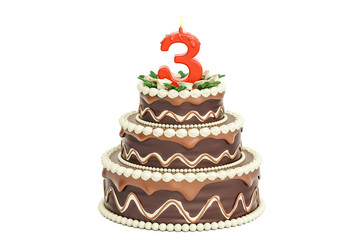 Chocolate Birthday cake with candle number 3, 3D rendering
