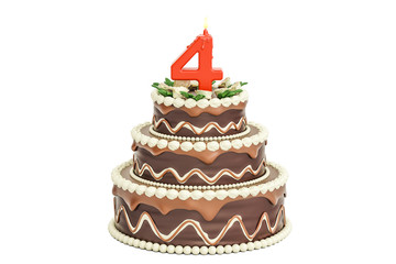 Chocolate Birthday cake with candle number 4, 3D rendering