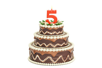 Chocolate Birthday cake with candle number 5, 3D rendering