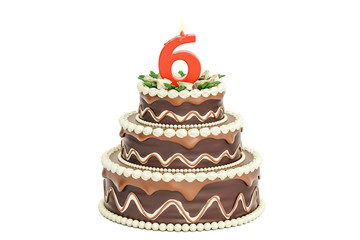 Chocolate Birthday cake with candle number 6, 3D rendering