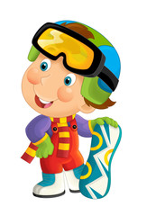 Cartoon snowboarder - boy standing and smiling and watching / isolated illustration for children