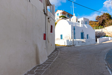 Fototapeta na wymiar Traditional white church in Klima village. Milos island, Cyclades, Greece.