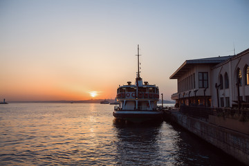 Ship in a port at beautiful sundown