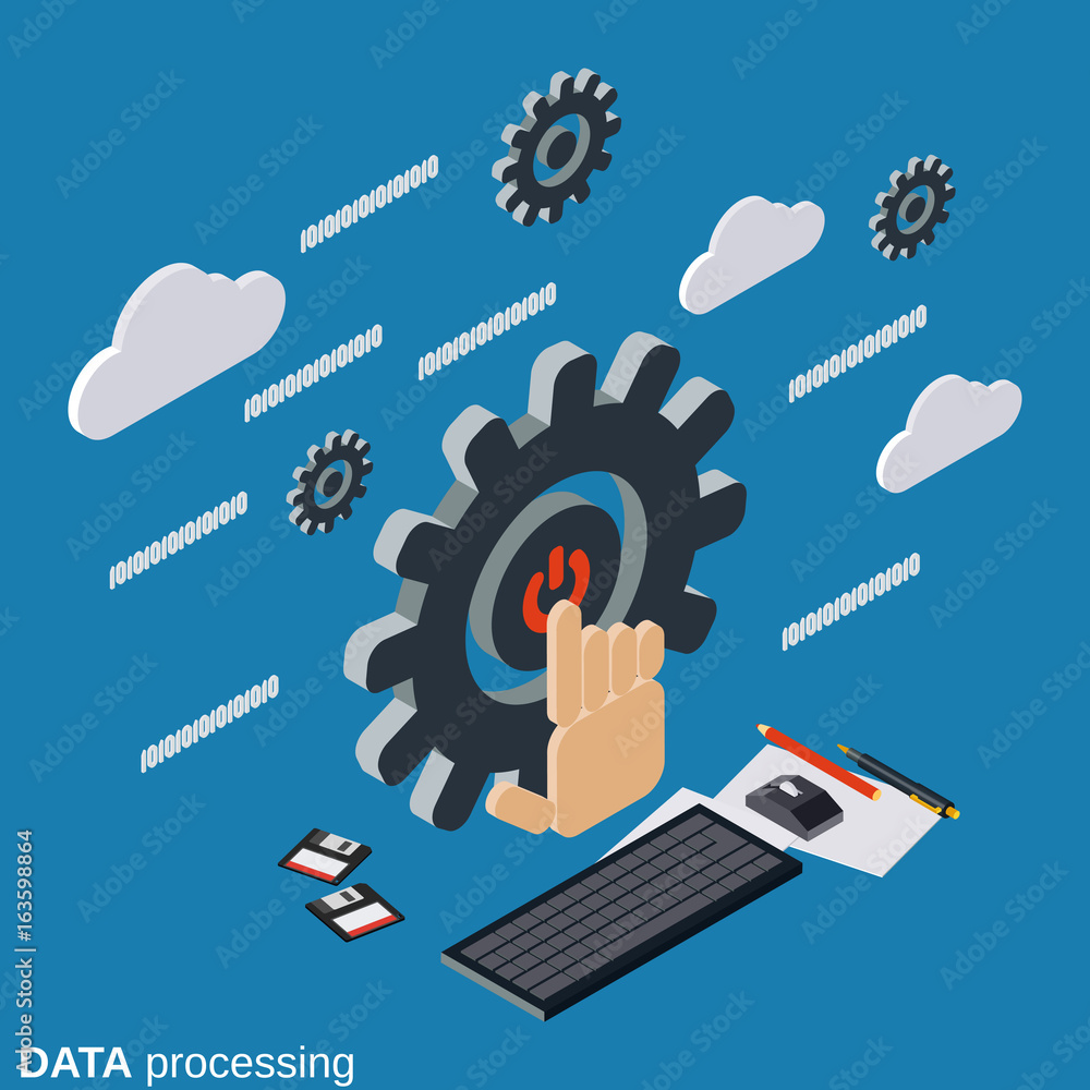Aufkleber data processing, cloud computing flat 3d isometric vector concept