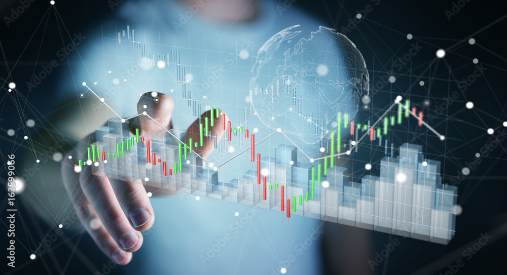 Poster Businessman using digital 3D rendered stock exchange stats and charts
