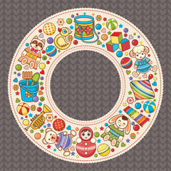 Baby shower. Cartoon style. Invitation card. Colorful template. Round frame.