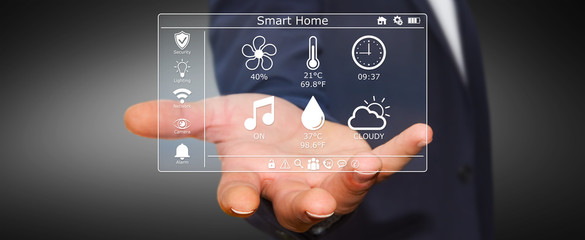Businessman using smart home digital interface 3D rendering