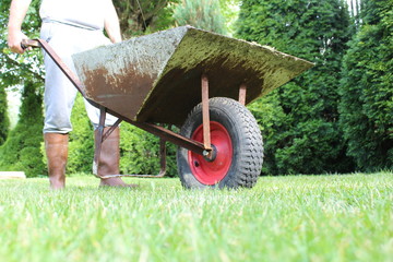 Gardener holding a wheelbarrow